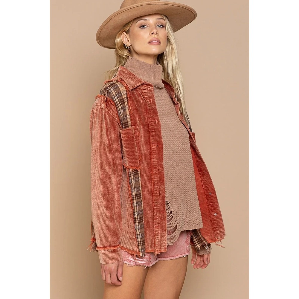 POL Corduroy Jacket Sz M Burned Sienna Raw Edge Frayed Patchwork Plaid Bohemian